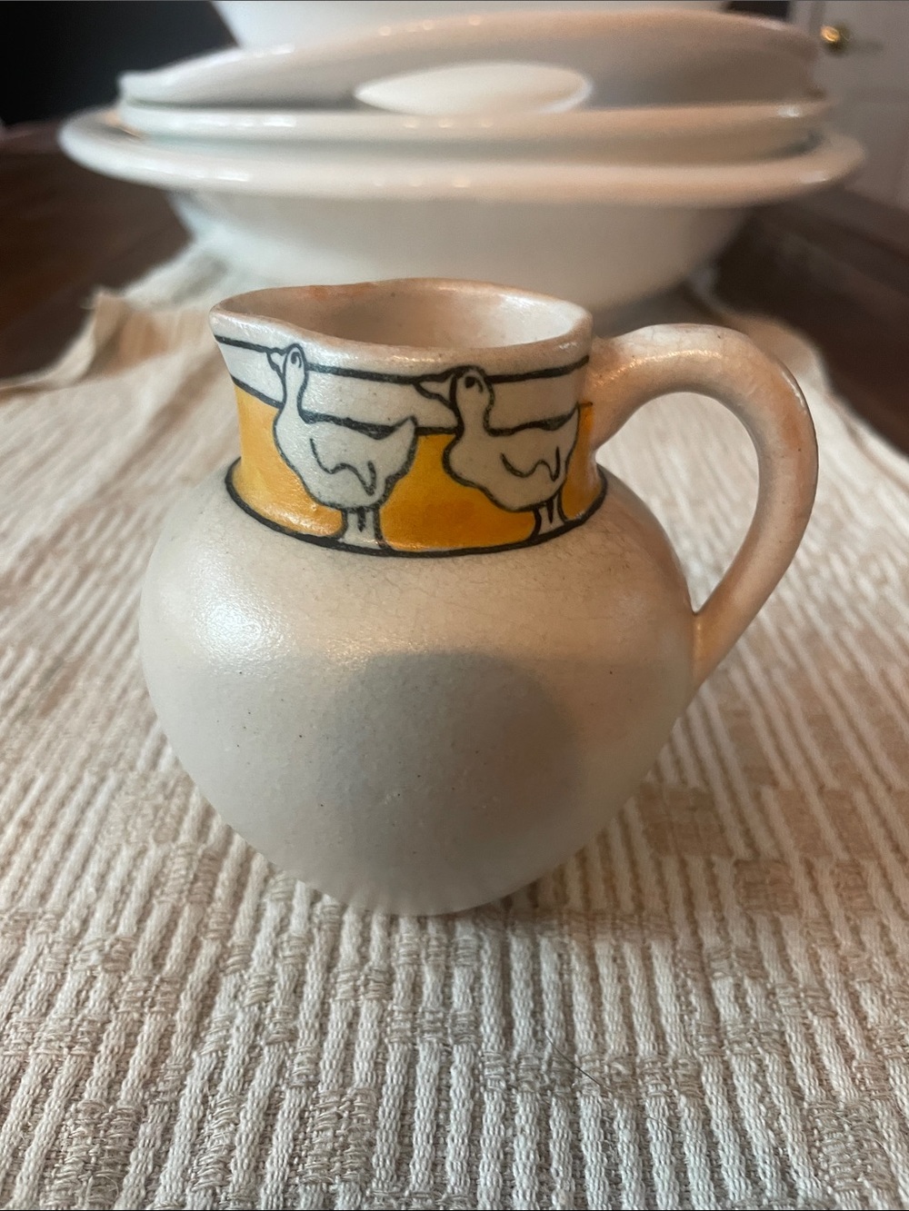 Vintage Ceramic Creamer Pitcher with Yellow Duck Band
